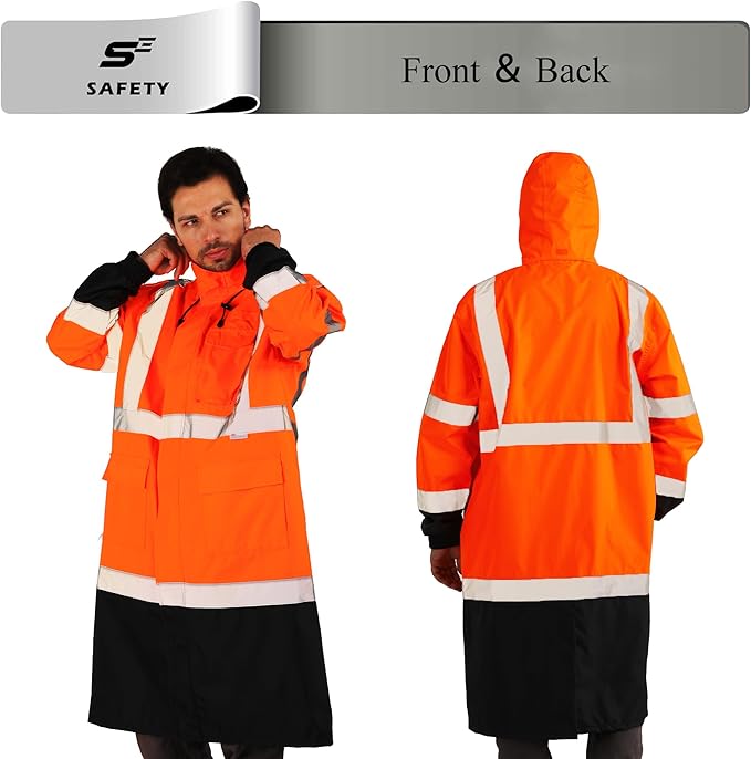 sesafety Safety Rain Coats for Men Work, Class 3 HighVisibility Rain Gear Construction, Reflective Hi Vis RainJacket Lightweight Waterproof
