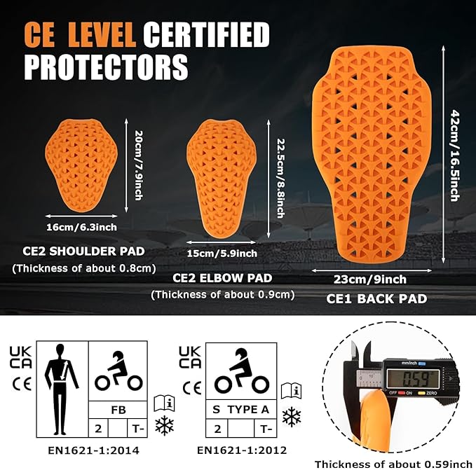 PSLER CE Level 1 Certified Motorcycle Armor Back Pad and CE Level 2 Certified Elbow and Shoulder Protection Pads Set,Motorcycle Armor Back Protector Inserts for Motorcycle Jackets,5PCS