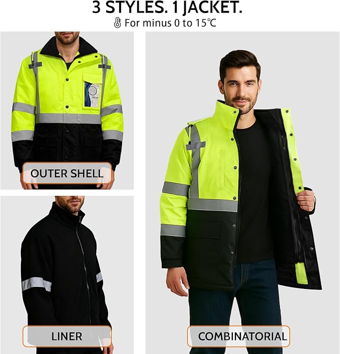 TCCFCCT 3-in-1 Hi Vis Winter Bomber Jackets for Men with Zippered Detachable Fleece Liner, Waterproof Reflective Safety Construction Coats for Cold Weather, High Vis Rain Gear, 3-in-1-Yellow XL
