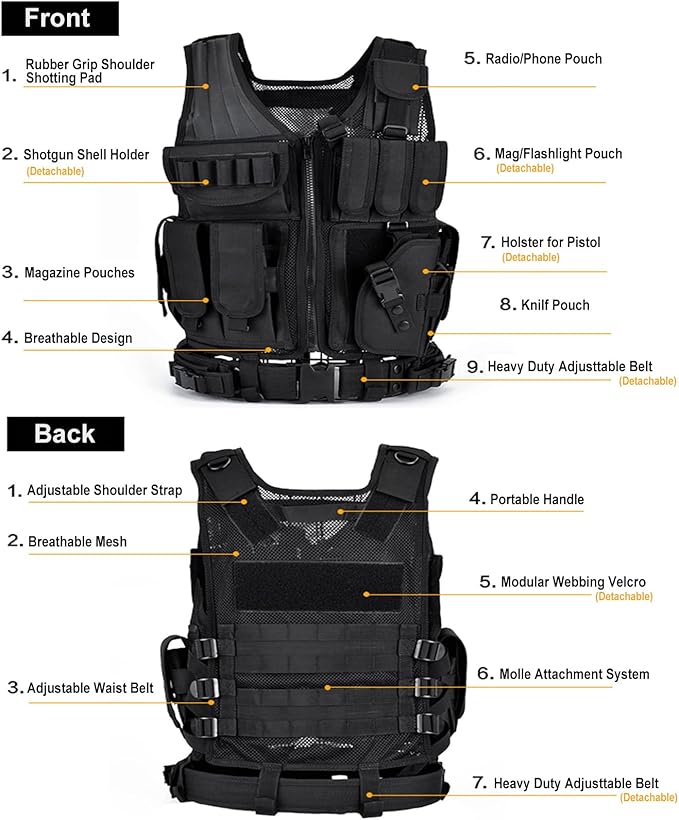 VPZenar Tactical Vest for Men, Airsoft Vest, Black Molle Vest and Cap Protective Equipment, Tactical Airsoft Gear