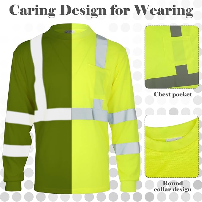 Amylove 4 Pcs Long Sleeve Safety Shirt High Visibility Reflective Construction Work Shirts for Men Women (L,Yellow)