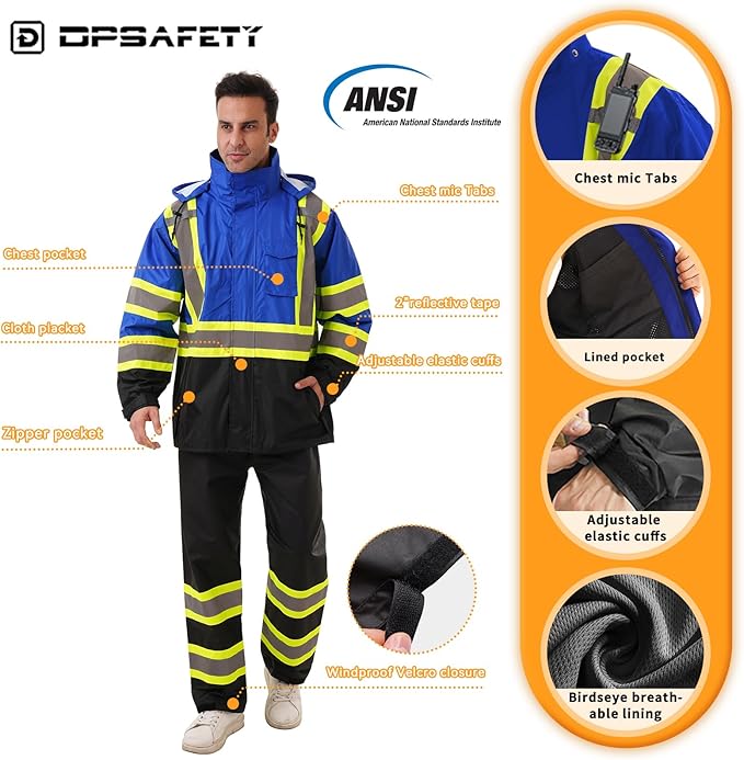 Hi Vis Safety rain Jacket，Reflective Class 3 Rain coat with Inner Mesh Lining and Pockets High Visibility Waterproof work Rain Suits for men&women（Blue,2XL/3XL）