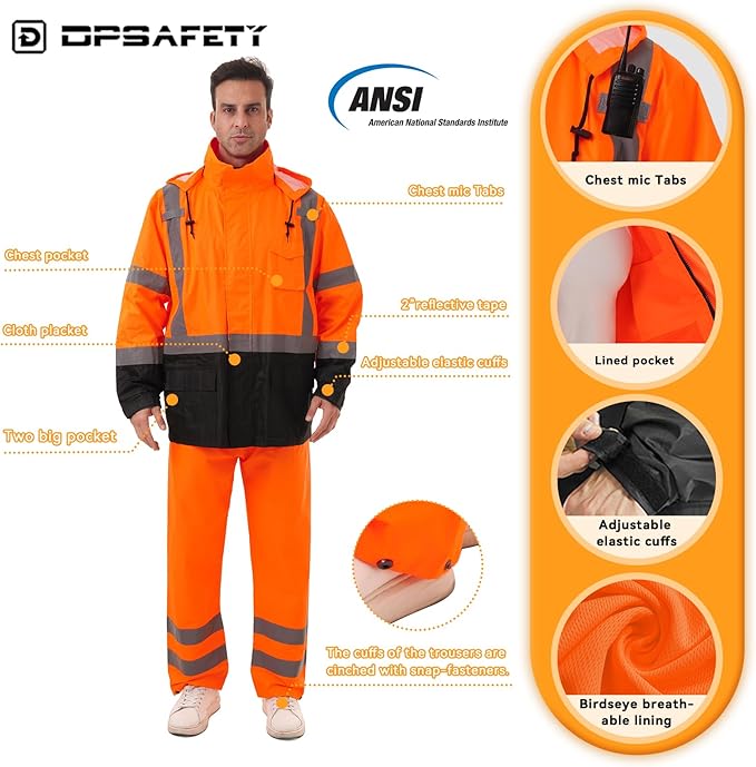 Hi Vis Safety rain Jacket，Reflective Class 3 Rain coat with Inner Mesh Lining and Pockets High Visibility Waterproof work Rain Suits for men&women（Tangerine,LG/XL）
