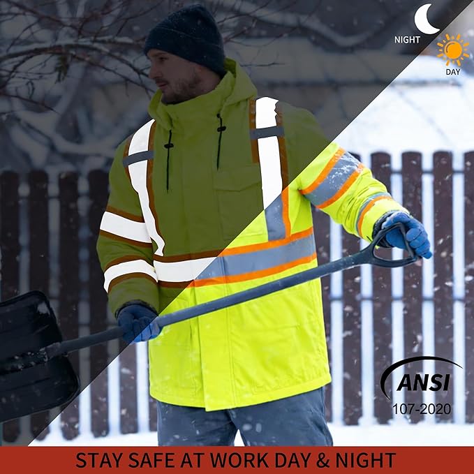 FATONE Hi Vis Rain Jacket for Men Lightweight Reflective Safety Rain Gear Waterproof with Hood, Class 3 Work Raincoat ANSI/ISEA Tested Yellow 4XL/5XL