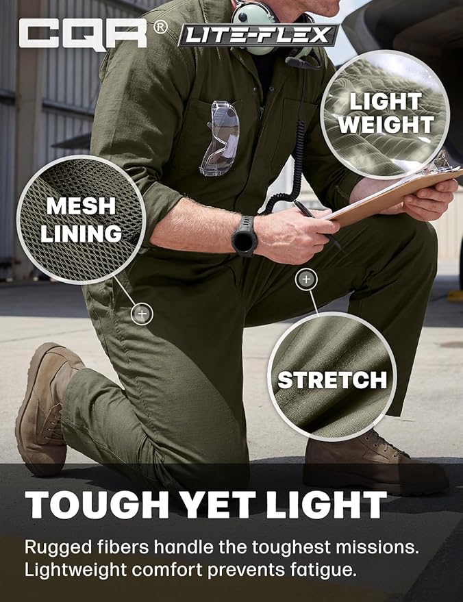 CQR Men's Tactical Ripstop Zip-Front Coverall, Lightweight Durable Utility Work Jumpsuit for Mechanics and Technicians