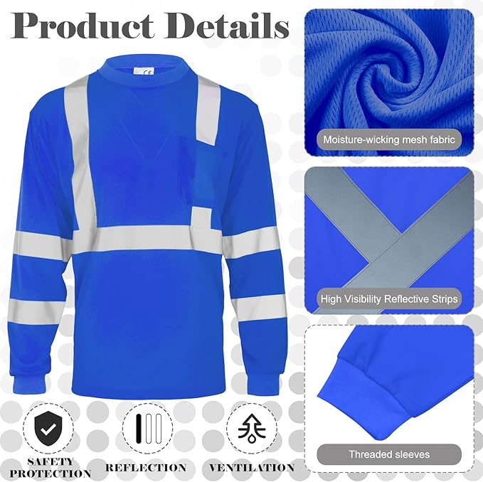 Amylove 4 Pcs Long Sleeve Safety Shirt High Visibility Reflective Construction Work Shirts for Men Women(L,Blue)
