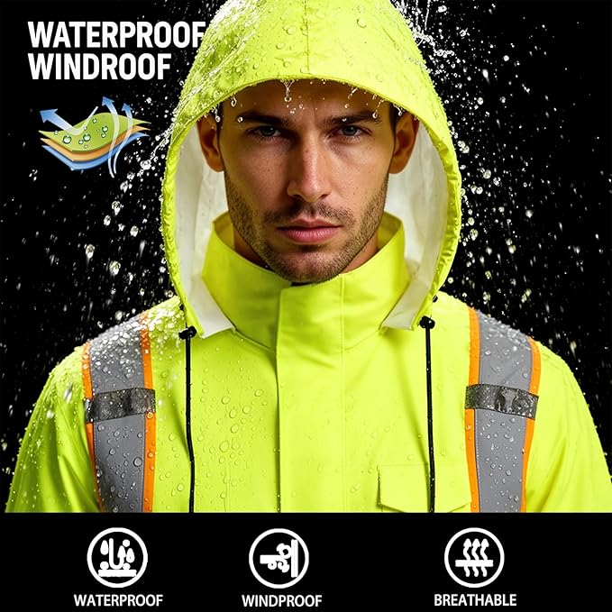 High Vis Reflective Safety Rain Jacket for Men, Class 3 Hi Vis Rain Gear for Construction Workers (Yellow,4XL/5XL)