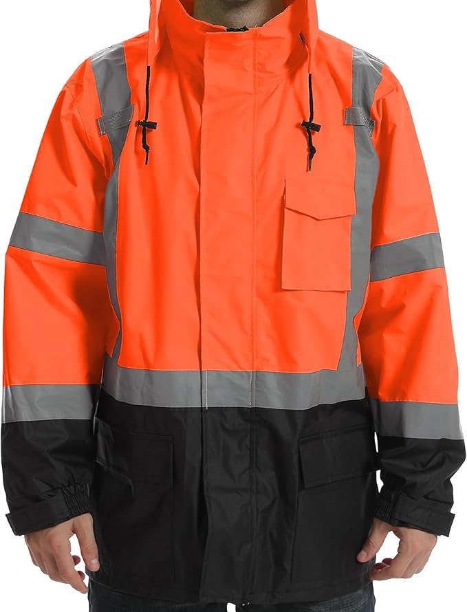 Reflective Rain jackets for men waterproof,Hi Vis Safety Coat With Reflective Strips，High Visibility Class 3 Rain jackets With 2 large pockets，Zipper,Black Bottom Orange,LG/XL