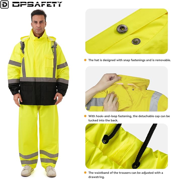 Hi Vis Safety rain Jacket，Reflective Class 3 Rain coat with Inner Mesh Lining and Pockets High Visibility Waterproof work Rain Suits for men&women（Lime,SM/MD）