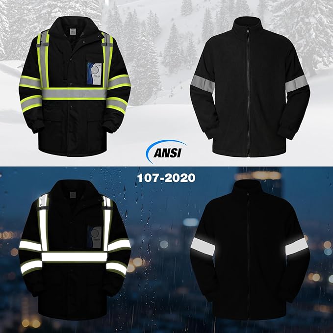 TCCFCCT 3-in-1 Hi Vis Winter Bomber Jackets for Men with Zippered Detachable Fleece Liner, Waterproof Reflective Safety Construction Coats for Cold Weather, High Vis Rain Gear, 3-in-1-Black XL