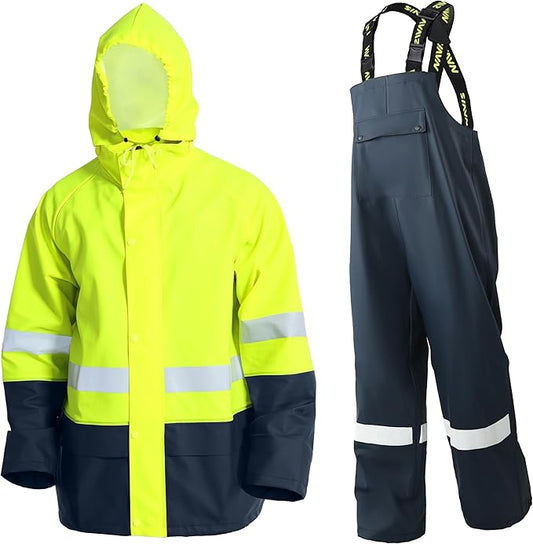 Men's Hi Vis PRO Workwear Waterproof 3-Piece Heavy Duty PU Reflective Rain Jacket, Hoodie & Bib Pants for Work and Safety