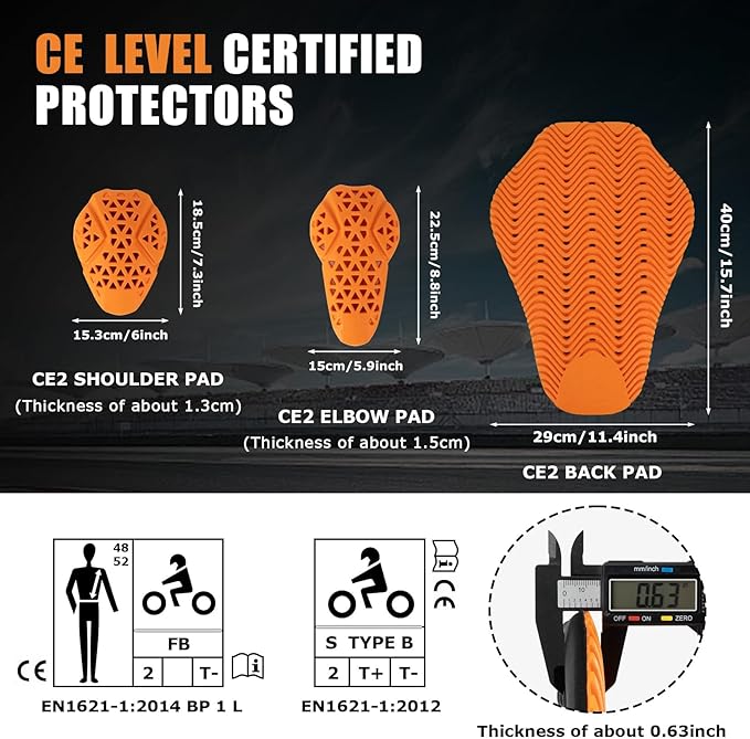 PSLER Full CE Level 2 Certified Motorcycle Armor Back Pad, Elbow and Shoulder Protection Pads Set for Motorcycle Jackets, 5PCS