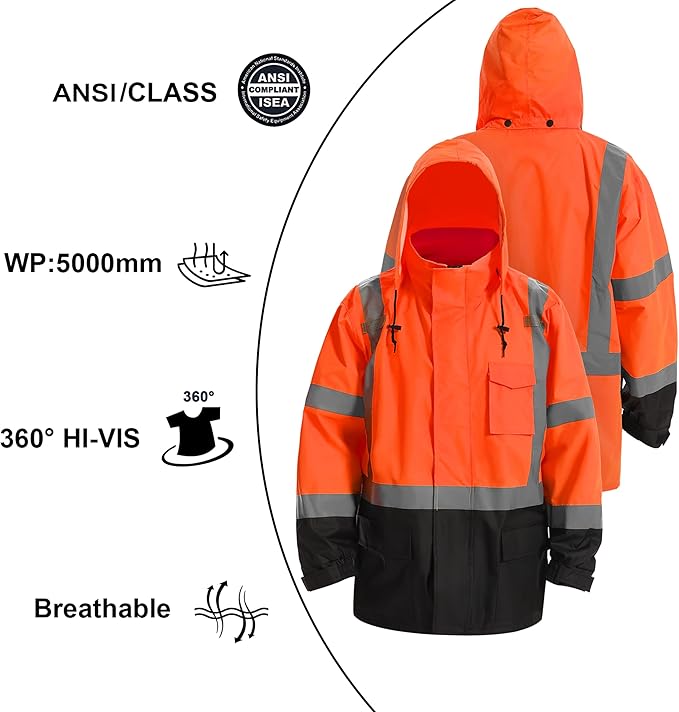 Reflective Rain jackets for men waterproof,Hi Vis Safety Coat With Reflective Strips，High Visibility Class 3 Rain jackets With 2 large pockets，Zipper,Black Bottom Orange,LG/XL