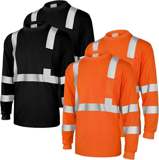 Amylove 4 Pcs Long Sleeve Safety Shirt High Visibility Reflective Construction Work Shirts for Men Women(XL,Orange, Black)