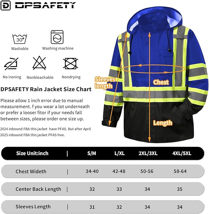 Reflective Rain jackets for men waterproof,Hi Vis Safety Coat With Reflective Strips，High Visibility Class 3 Rain jackets With 2 large pockets,Zipper,Blue,LG/XL