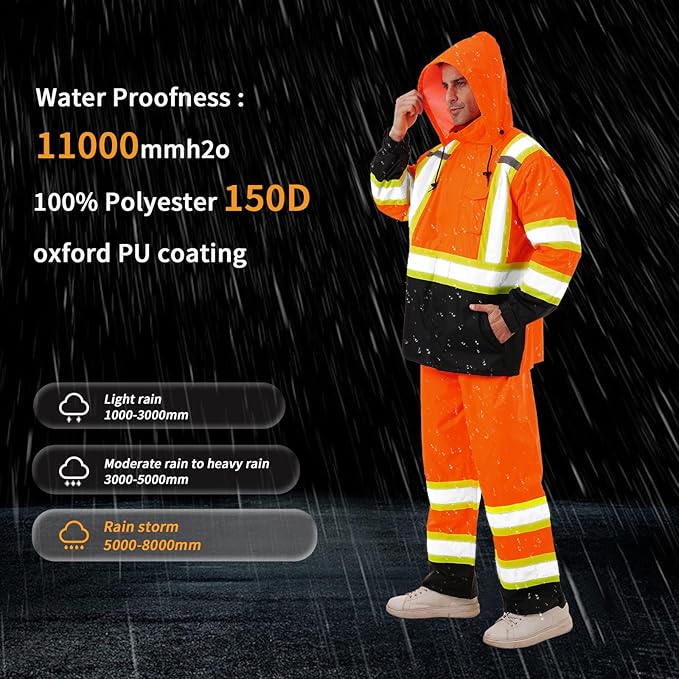 Hi Vis Safety rain Jacket，Reflective Class 3 Rain coat with Inner Mesh Lining and Pockets High Visibility Waterproof work Rain Suits for men&women（Orange,SM/MD）