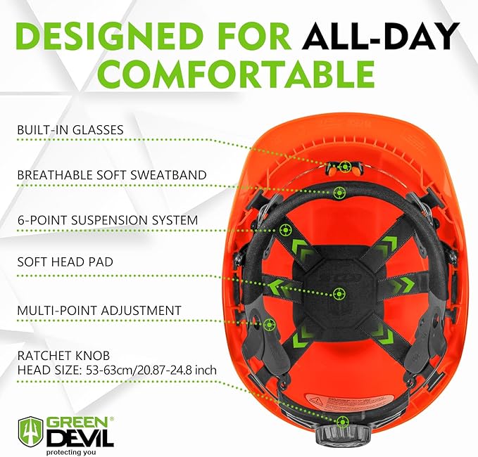 GREEN DEVIL Chainsaw Safety Protective Helmet Forestry Helmet with Build-in Visor Mesh Face Shield Ear Muffs 4 in 1 Ideal for Arborist Tree Work DIY Outdoor Logging Hard hat