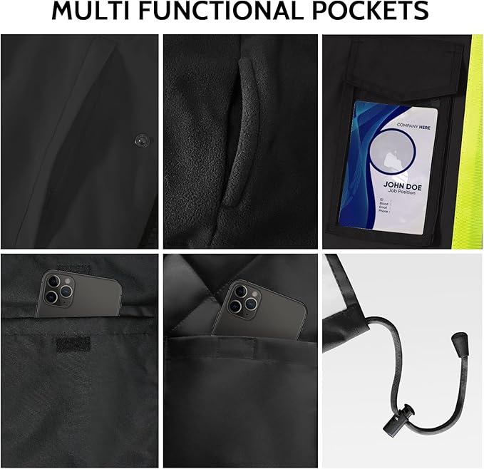 TCCFCCT 3-in-1 Hi Vis Winter Bomber Jackets for Men with Zippered Detachable Fleece Liner, Waterproof Reflective Safety Construction Coats for Cold Weather, High Vis Rain Gear, 3-in-1-Black L