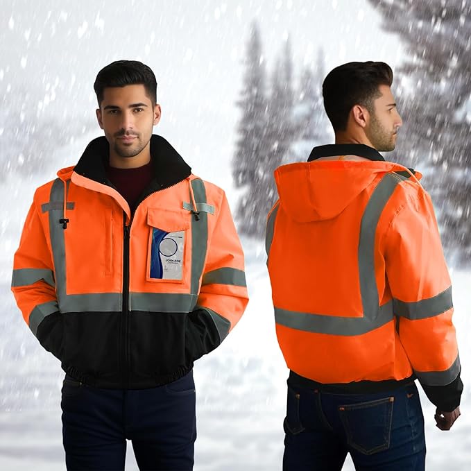 TCCFCCT Safety Jacket for Men & Women, Hi Vis Reflective Jackets with Pockets, Construction Coats for Cold Weather, High Vis Rain Gear, Waterproof, J-Orange, S