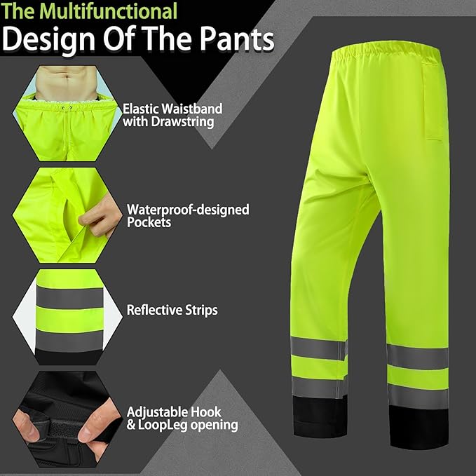 Hi Vis Class 3 Safety Rain Jacket for Men Waterproof, Reflective High Visibility Rain Gear Construction Rain Suit (Yellow-Black 4XL/5XL)
