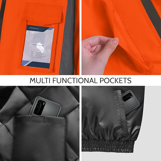 Hi Vis Jackets, Safety Jacket with Pockets for Men& Women, Reflective Construction Coats for Winter Cold Weather, Waterproof High Vis Rain Gear, Class 3, Orange-Black, XL