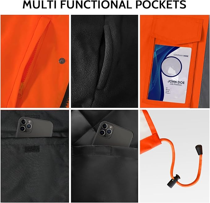 TCCFCCT 3-in-1 Hi Vis Winter Bomber Jackets for Men with Zippered Detachable Fleece Liner, Waterproof Reflective Safety Construction Coats for Cold Weather, High Vis Rain Gear, 3-in-1-Orange 3XL
