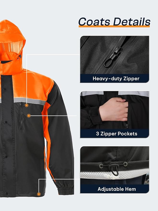 Men's Rain Suit High Visibility Reflective Work Rain Jacket Pants for All Sport Farm Fishing Motorcycle