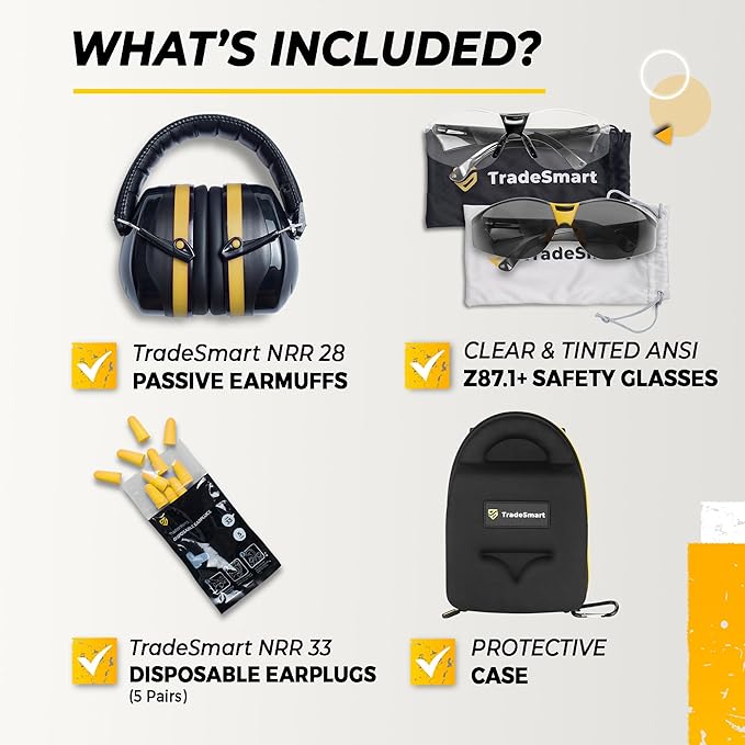 TradeSmart All-in-One Shooting Ear Protection - Comfort+ NRR 28 Earmuffs, Glasses & Earplugs + Carry Case