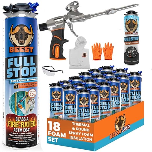 BEEST FullStop Spray Foam Insulation Kit - 360 Board ft/sq.ft. Fire Rated Spray Insulation Foam for Walls & Attics with Thermal & Soundproofing - Includes 18x Cans, 1 Cleaner, Pro X Gun, Safety Gear