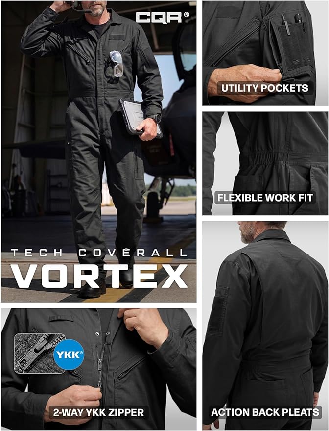 CQR Men's Tactical Ripstop Zip-Front Coverall, Lightweight Durable Utility Work Jumpsuit for Mechanics and Technicians