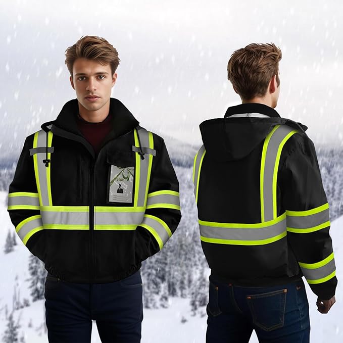 High Visibility Work Jackets, Safety Jacket with Pockets for Men& Women, Construction Coats for Cold Weather, Waterproof High Vis Rain Gear, Class 3, Black with Bottom, 5XL
