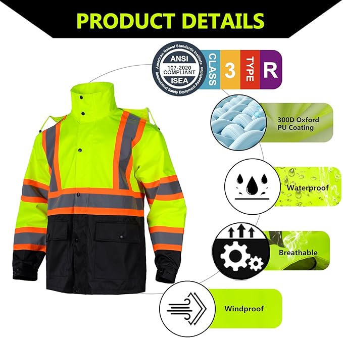Class 3 High Visibility Rain Suit With Detachable Hood Waterproof Lime Reflective Safety Worker Jacket & Pants (2XL/3XL Yellow)