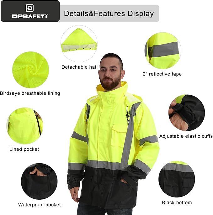 Reflective Rain jackets for men waterproof,Hi Vis Safety Coat With Reflective Strips，High Visibility Class 3 Rain jackets With 2 large pockets，Zipper,Black Bottom Lime,2XL/3XL