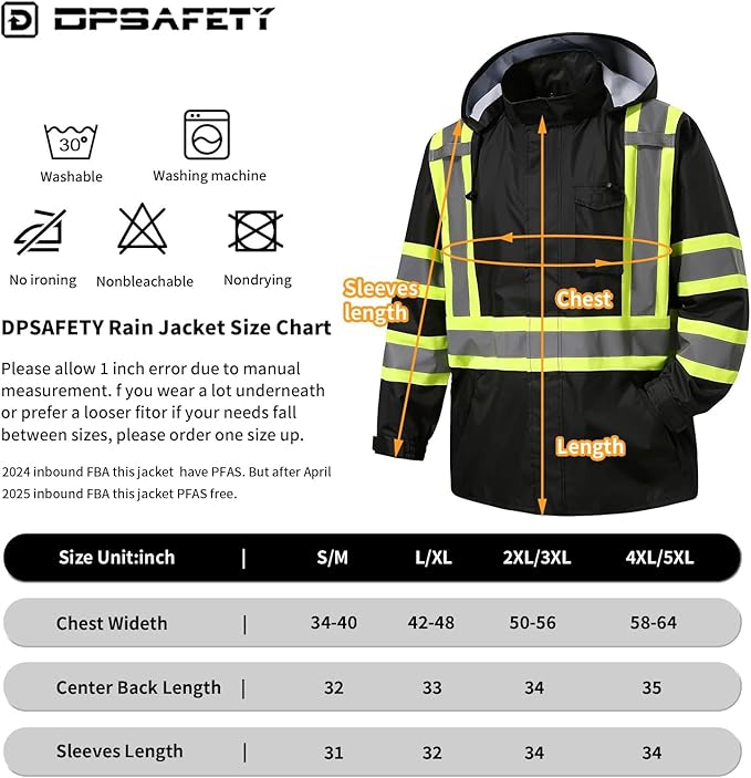 Reflective Rain jackets for men waterproof,Hi Vis Safety Coat With Reflective Strips，High Visibility Class 3 Rain jackets With 2 large pockets，Zipper,Black ，4XL/5XL