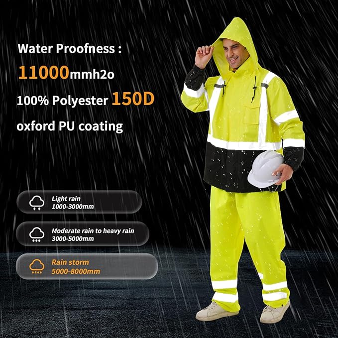 Hi Vis Safety rain Jacket，Reflective Class 3 Rain coat with Inner Mesh Lining and Pockets High Visibility Waterproof work Rain Suits for men&women（Lime,SM/MD）