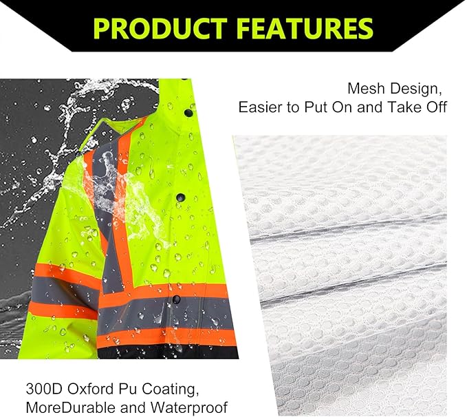 Class 3 High Visibility Rain Suit With Detachable Hood Waterproof Lime Reflective Safety Worker Jacket & Pants (L/XL Yellow)