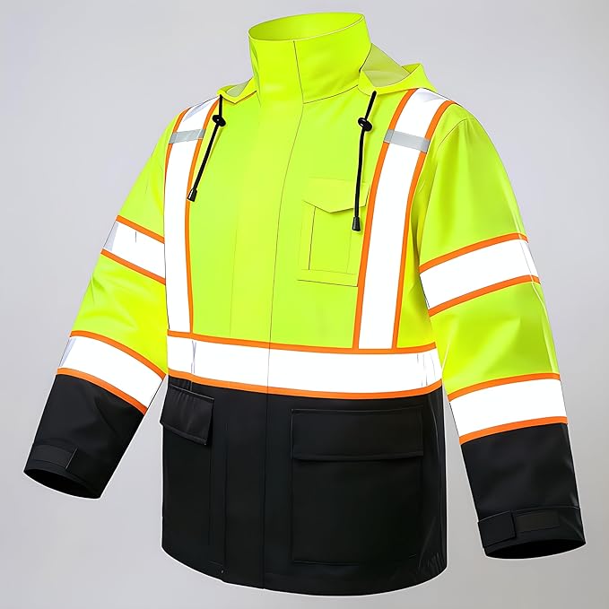 High Vis Reflective Safety Rain Jacket for Men, Class 3 Hi Vis Rain Gear for Construction Workers (Yellow-Black,L/XL)