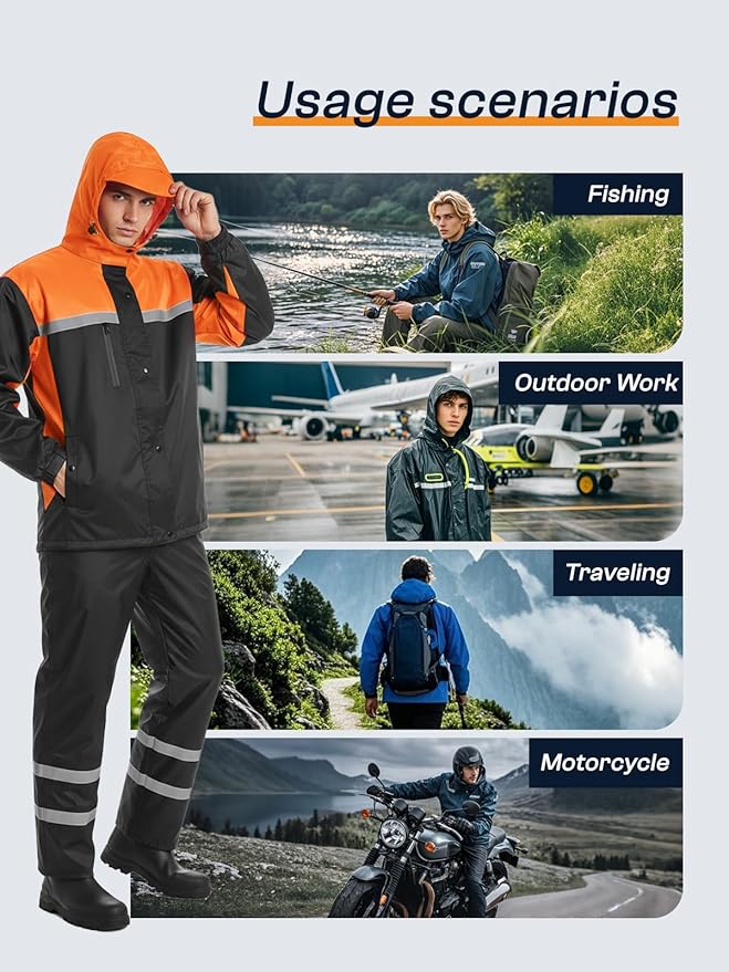 Men's Rain Suit High Visibility Reflective Work Rain Jacket Pants for All Sport Farm Fishing Motorcycle