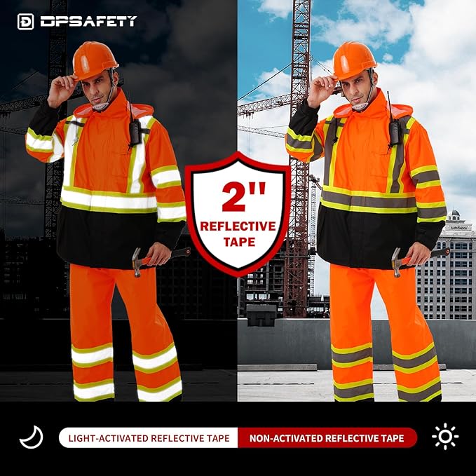 Hi Vis Safety rain Jacket，Reflective Class 3 Rain coat with Inner Mesh Lining and Pockets High Visibility Waterproof work Rain Suits for men&women（Orange,LG/XL）