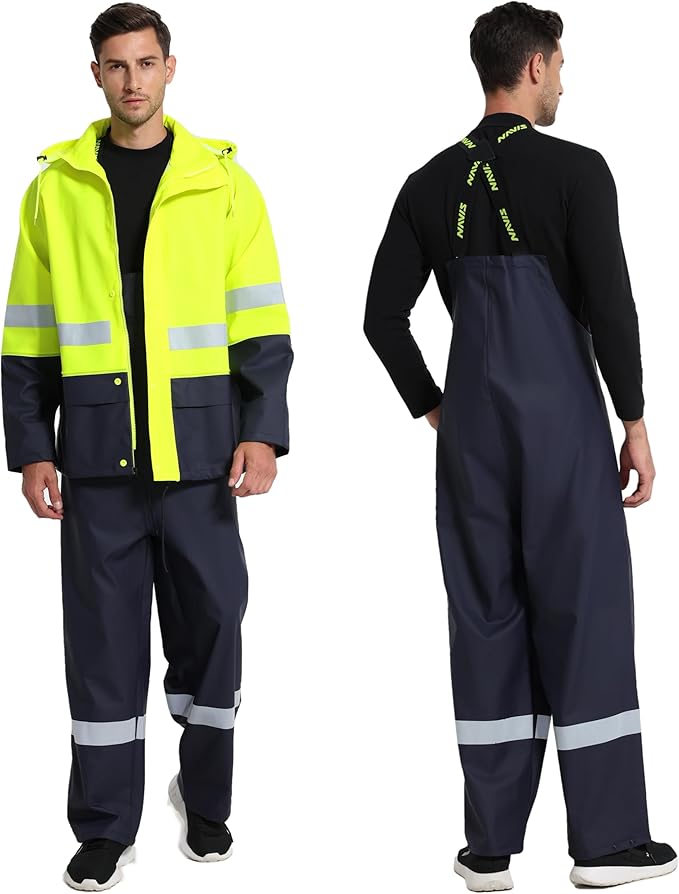Men's Hi Vis PRO Workwear Waterproof 3-Piece Heavy Duty PU Reflective Rain Jacket, Hoodie & Bib Pants for Work and Safety