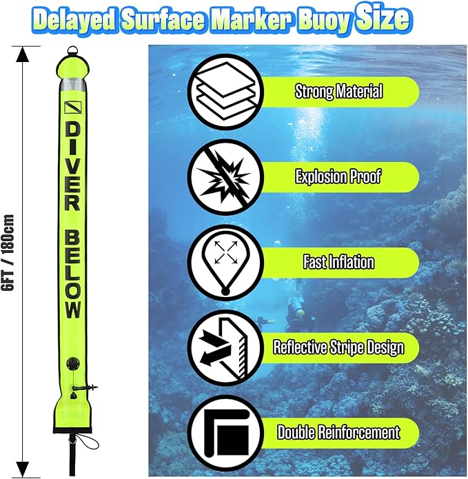 High Visibility Diving Surface Marker Buoy (SMB), Inflatable Scuba Signal Tube with Reflective Band, Safety Sausage Easy Inflate/Deflate for Scuba, Freediving & Snorkeling