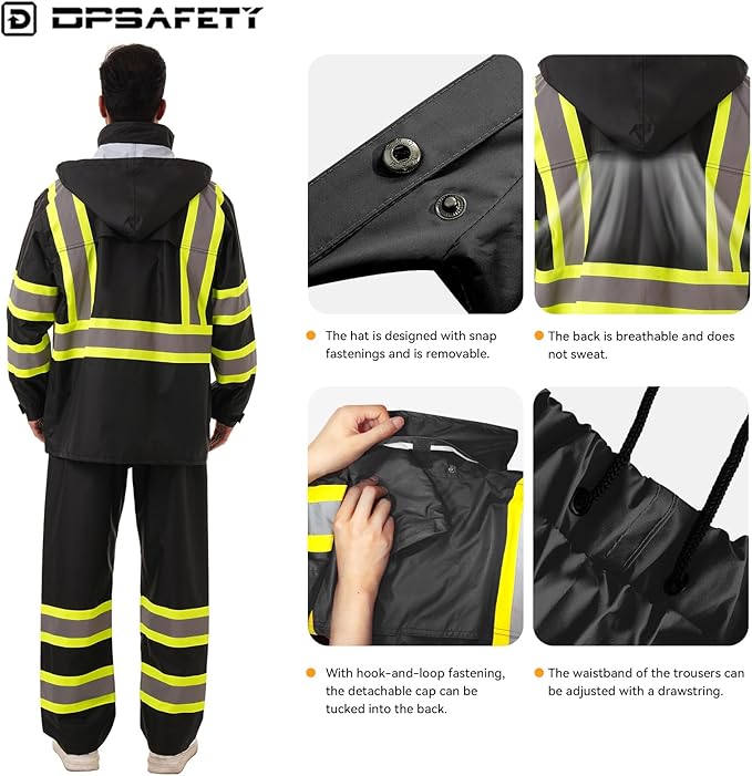Hi Vis Safety rain Jacket，Reflective Class 3 Rain coat with Inner Mesh Lining and Pockets High Visibility Waterproof work Rain Suits for men&women（Black,2XL/3XL）