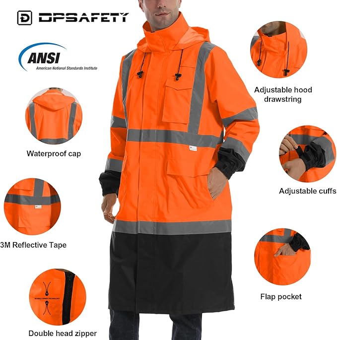 Hi Vis Rain Jacket with 3M Reflective Stripe,High Visibility Class 3 Rain coats,Safety Waterproof Rain Suits for Men with Hood and 2 Large Pockets construction work rain gear(Orange S)