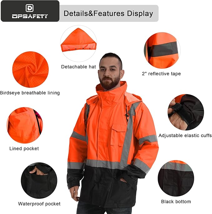 Reflective Rain jackets for men waterproof,Hi Vis Safety Coat With Reflective Strips，High Visibility Class 3 Rain jackets With 2 large pockets，Zipper,Black Bottom Orange,LG/XL