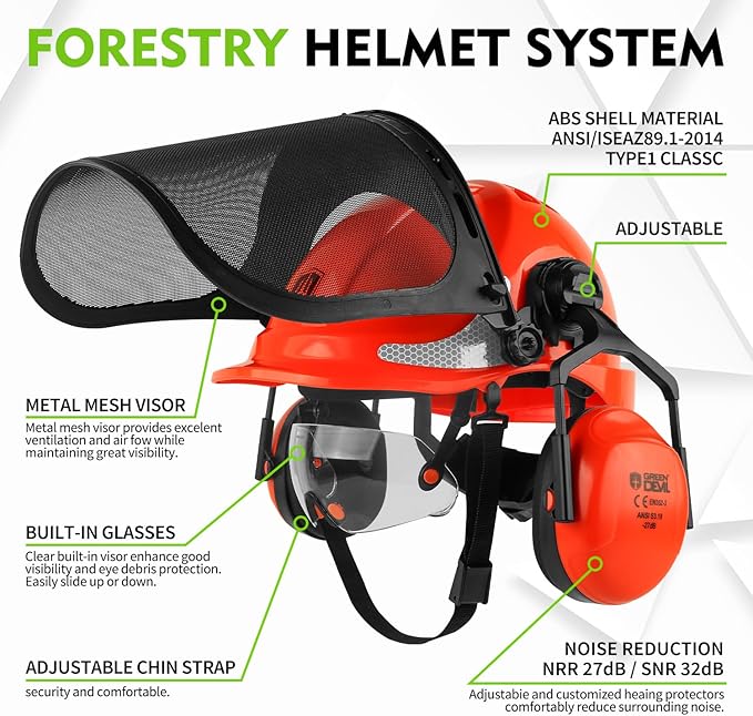 GREEN DEVIL Chainsaw Safety Protective Helmet Forestry Helmet with Build-in Visor Mesh Face Shield Ear Muffs 4 in 1 Ideal for Arborist Tree Work DIY Outdoor Logging Hard hat