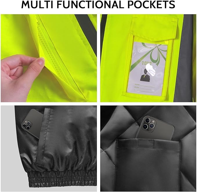 TCCFCCT Hi Vis Jackets for Men Women Waterproof High Visibility Safety jackets for Men, Warm Reflective Jacket with Pockets, Construction Coats for Cold Winter, High Vis Rain Gear, J-Yellow, XL