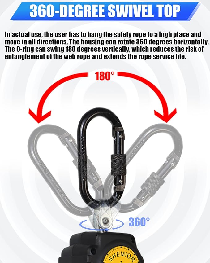 6FT Self Retracting Lifeline, Swivel Top Lightweight Housing Shemior Web SRL ANSI Self Retractable Safety Lanyard, Fall Arrest Protection Gear for Roofing Construction,Snap Hook