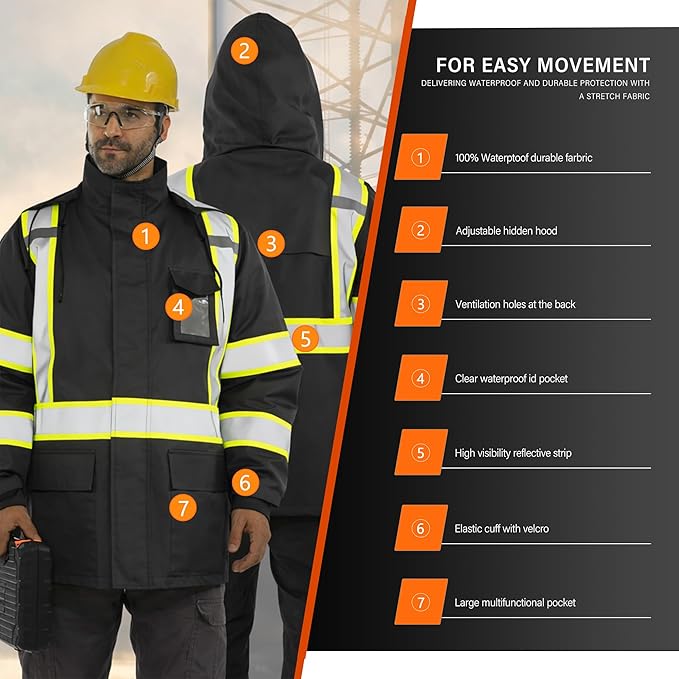 FATONE Hi Vis Rain Jacket for Men Lightweight Reflective Safety Rain Gear Waterproof with Hood, Class 3 Work Raincoat ANSI/ISEA Tested Black L/XL