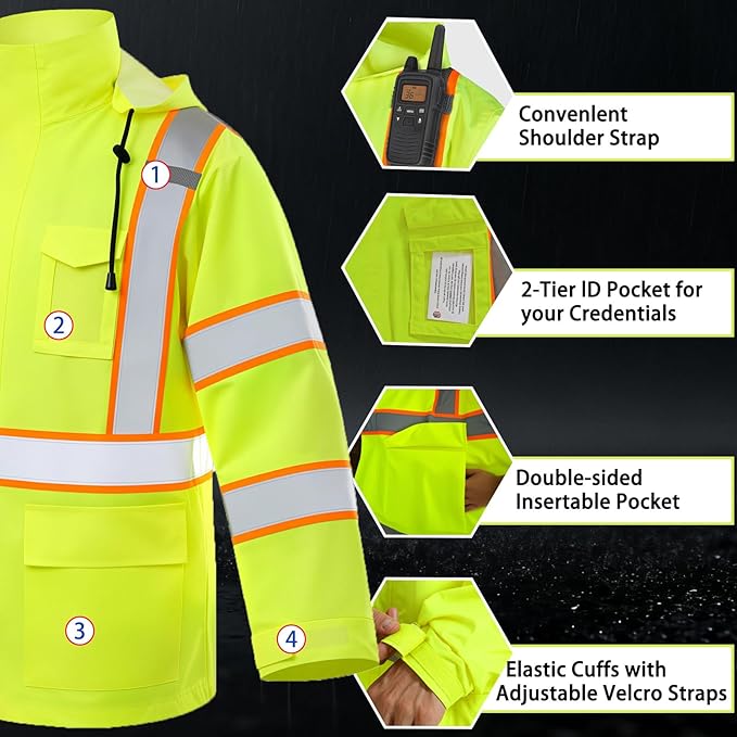 High Vis Reflective Safety Rain Jacket for Men, Class 3 Hi Vis Rain Gear for Construction Workers (Yellow,2XL/3XL)