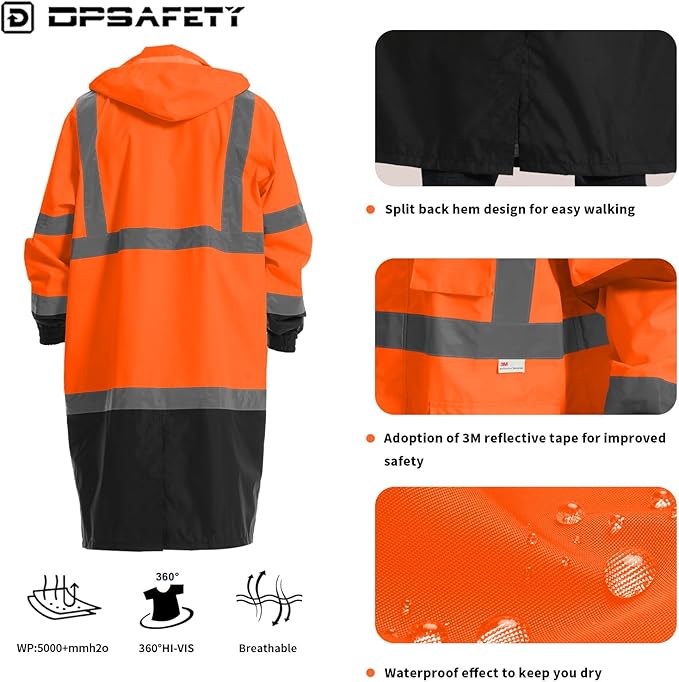 Hi Vis Rain Jacket with 3M Reflective Stripe,High Visibility Class 3 Rain coats,Safety Waterproof Rain Suits for Men with Hood and 2 Large Pockets construction work rain gear(Orange 5XL)